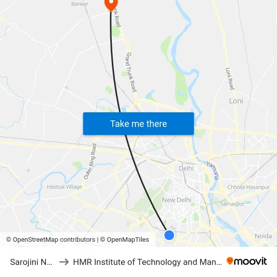 Sarojini Nagar to HMR Institute of Technology and Management map