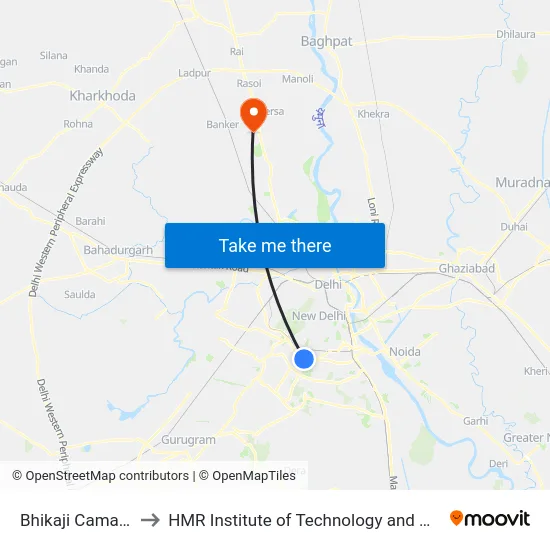 Bhikaji Cama Place to HMR Institute of Technology and Management map