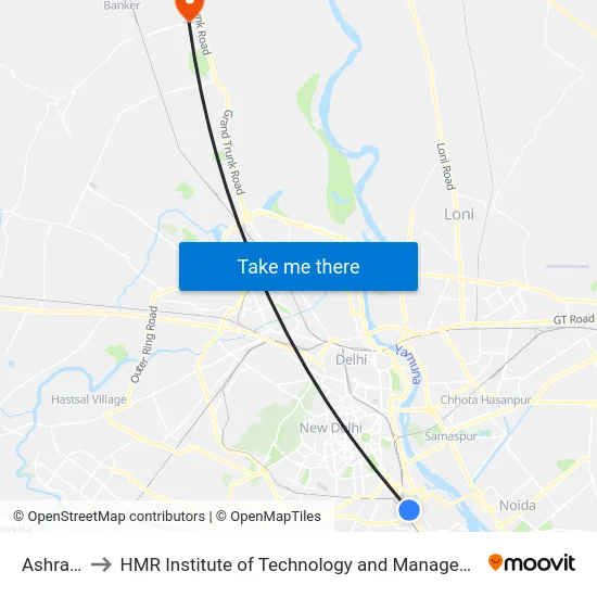Ashram to HMR Institute of Technology and Management map