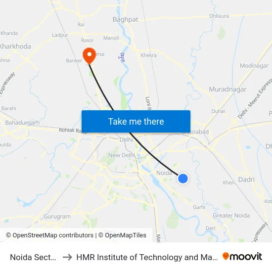Noida Sector 76 to HMR Institute of Technology and Management map