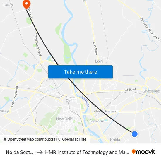 Noida Sector 52 to HMR Institute of Technology and Management map