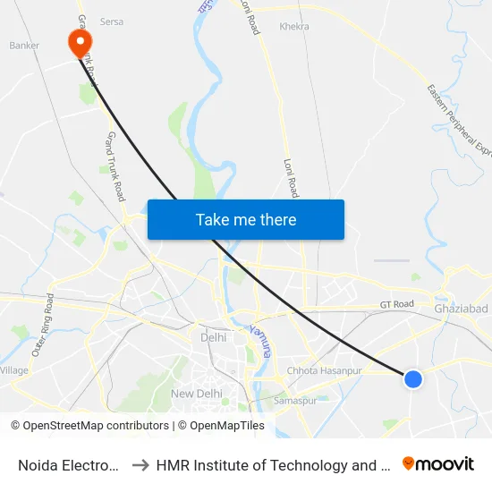 Noida Electronic City to HMR Institute of Technology and Management map