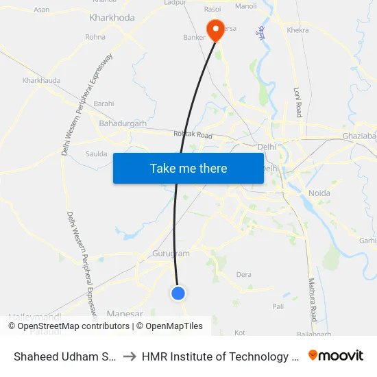 Shaheed Udham Singh Chowk to HMR Institute of Technology and Management map