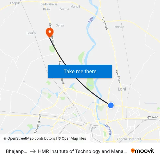 Bhajanpura to HMR Institute of Technology and Management map