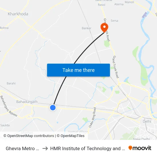 Ghevra Metro Station to HMR Institute of Technology and Management map