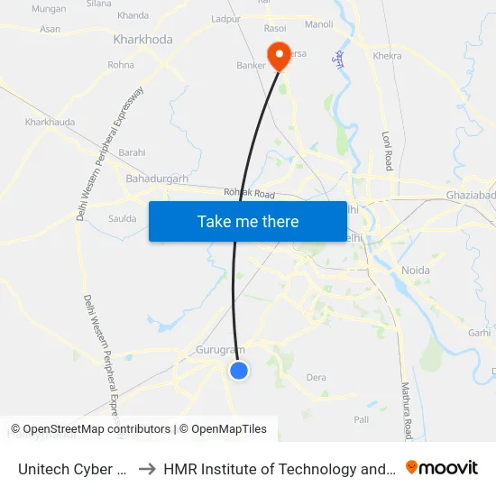 Unitech Cyber Park (B) to HMR Institute of Technology and Management map