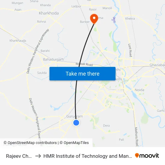 Rajeev Chowk to HMR Institute of Technology and Management map