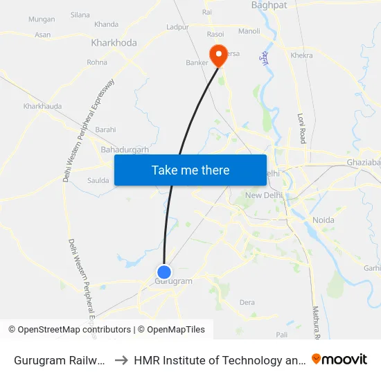 Gurugram Railway Station to HMR Institute of Technology and Management map