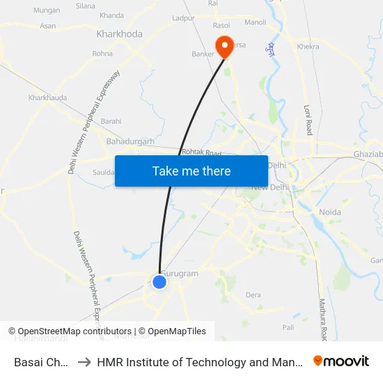 Basai Chowk to HMR Institute of Technology and Management map