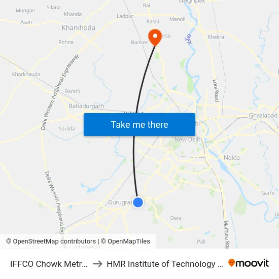 IFFCO Chowk Metro Station (B) to HMR Institute of Technology and Management map
