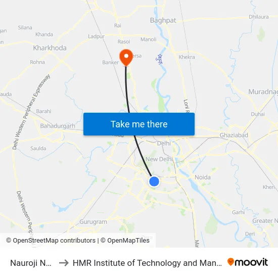 Nauroji Nagar to HMR Institute of Technology and Management map