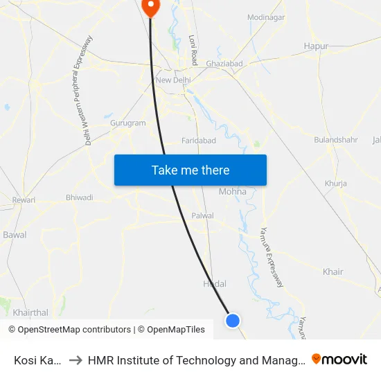 Kosi Kalan to HMR Institute of Technology and Management map