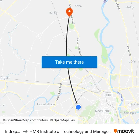 Indrapuri to HMR Institute of Technology and Management map