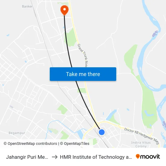 Jahangir Puri Metro Station to HMR Institute of Technology and Management map