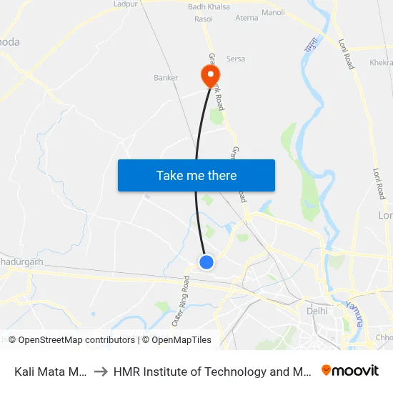 Kali Mata Mandir to HMR Institute of Technology and Management map