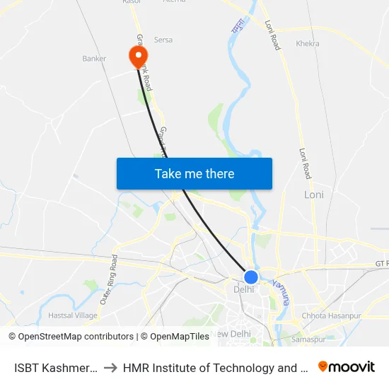 ISBT Kashmere Gate to HMR Institute of Technology and Management map