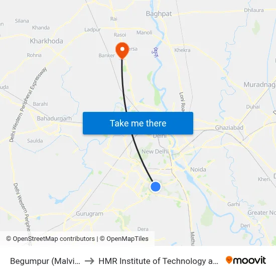 Begumpur (Malviya Nagar) to HMR Institute of Technology and Management map
