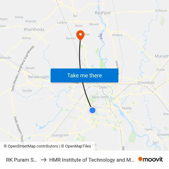 RK Puram Sec-10 to HMR Institute of Technology and Management map