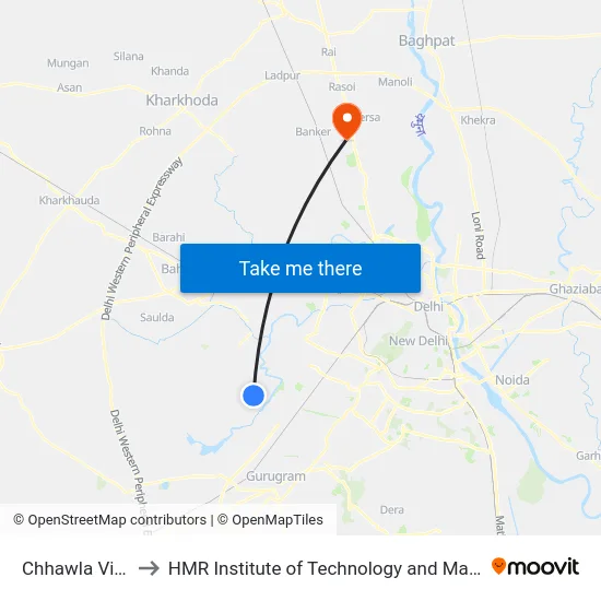 Chhawla Village to HMR Institute of Technology and Management map
