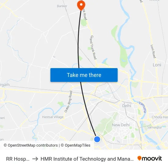 RR Hospital to HMR Institute of Technology and Management map