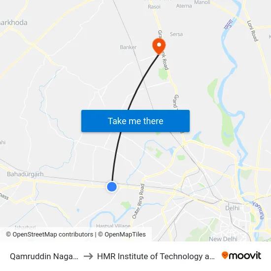Qamruddin Nagar Terminal to HMR Institute of Technology and Management map