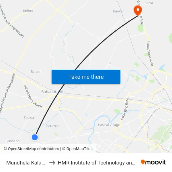 Mundhela Kalan Village to HMR Institute of Technology and Management map