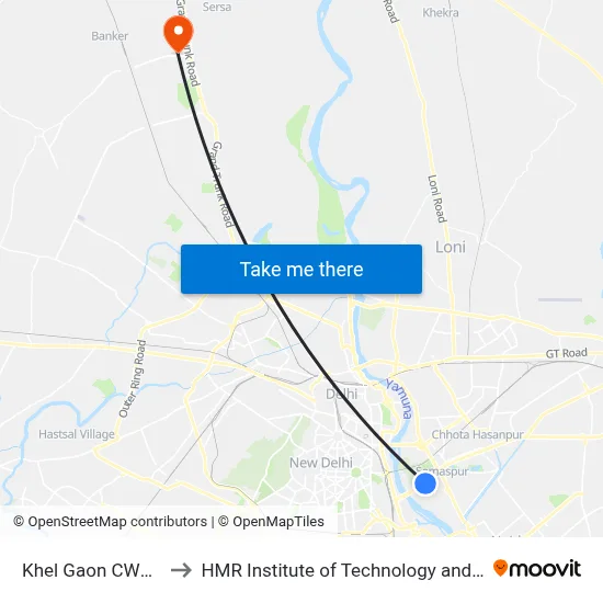 Khel Gaon CWG Village to HMR Institute of Technology and Management map