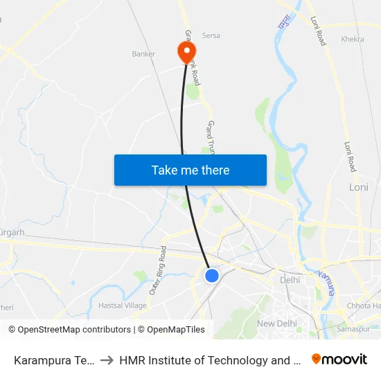 Karampura Terminal to HMR Institute of Technology and Management map