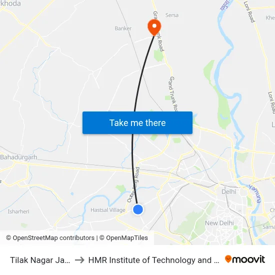 Tilak Nagar Jail Road to HMR Institute of Technology and Management map