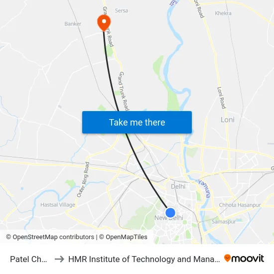 Patel Chowk to HMR Institute of Technology and Management map