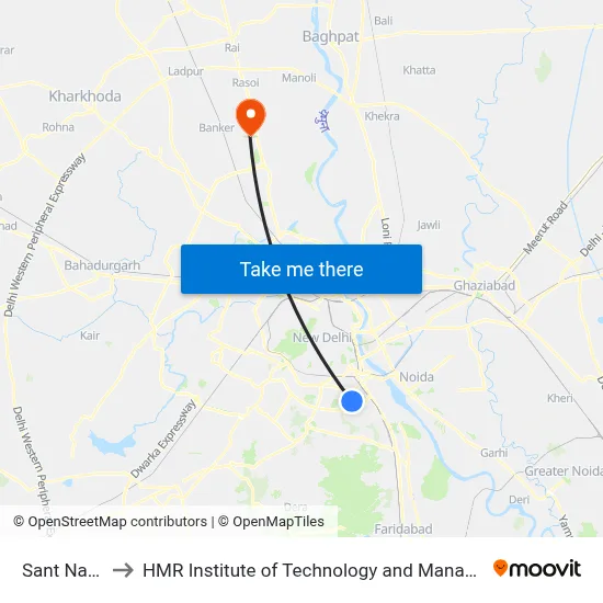 Sant Nagar to HMR Institute of Technology and Management map