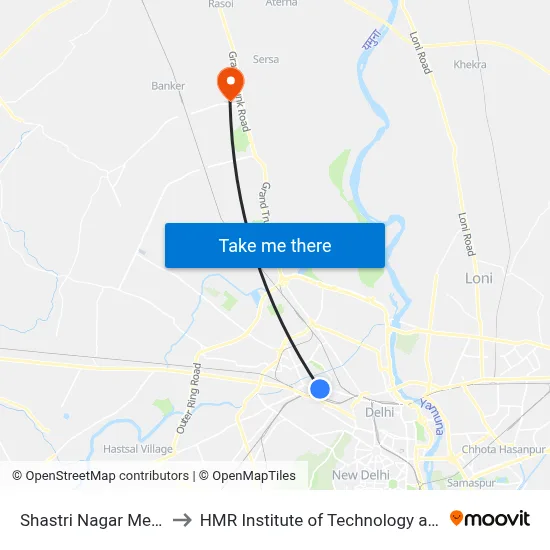Shastri Nagar Metro Station to HMR Institute of Technology and Management map