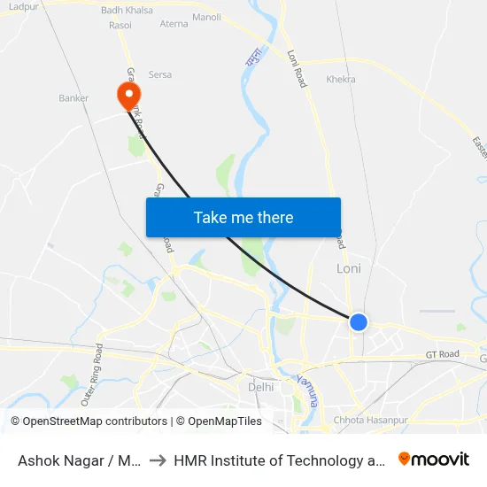 Ashok Nagar / Meet Nagar to HMR Institute of Technology and Management map