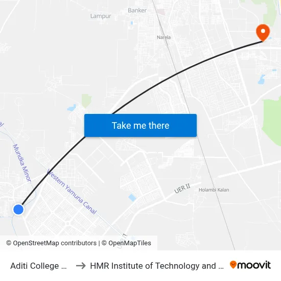 Aditi College Bawana to HMR Institute of Technology and Management map