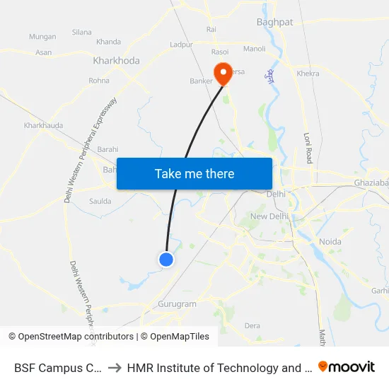 BSF Campus Chhawla to HMR Institute of Technology and Management map