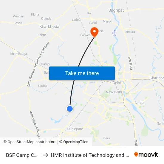 BSF Camp Chhawla to HMR Institute of Technology and Management map