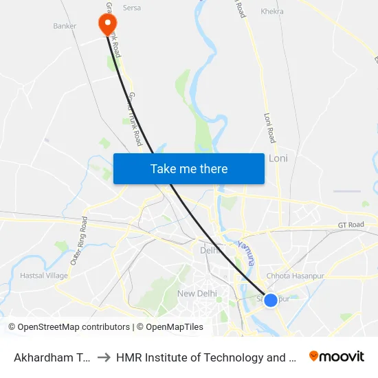 Akhardham Temple to HMR Institute of Technology and Management map