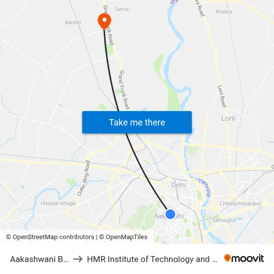 Aakashwani Bhawan to HMR Institute of Technology and Management map