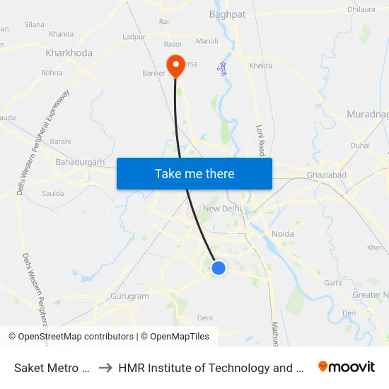 Saket Metro Sation to HMR Institute of Technology and Management map