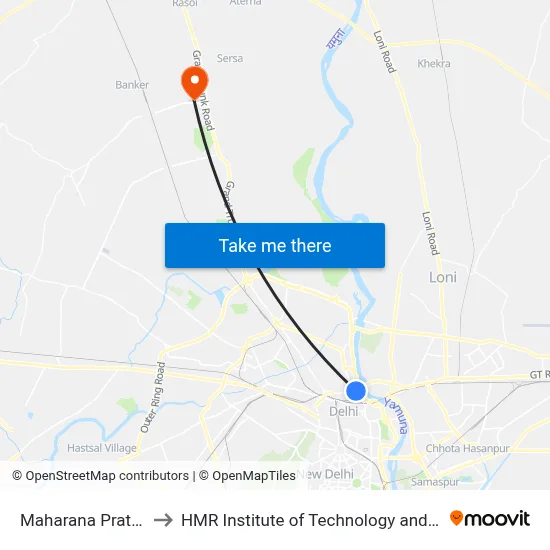 Maharana Pratap ISBT to HMR Institute of Technology and Management map