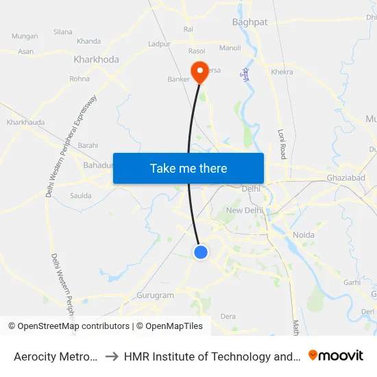 Aerocity Metro Station to HMR Institute of Technology and Management map