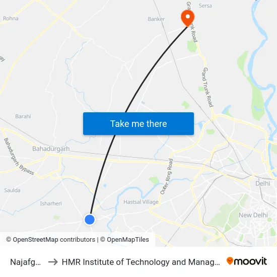 Najafgarh to HMR Institute of Technology and Management map