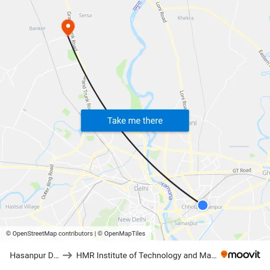 Hasanpur Depot to HMR Institute of Technology and Management map