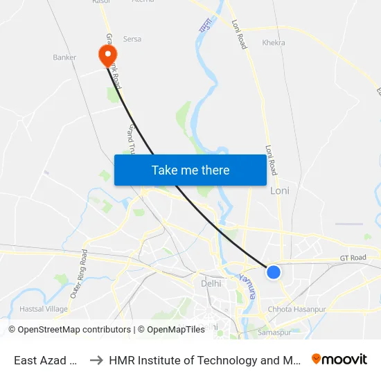 East Azad Nagar to HMR Institute of Technology and Management map