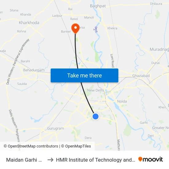 Maidan Garhi Crossing to HMR Institute of Technology and Management map