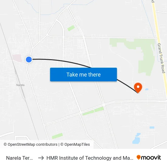 Narela Terminal to HMR Institute of Technology and Management map