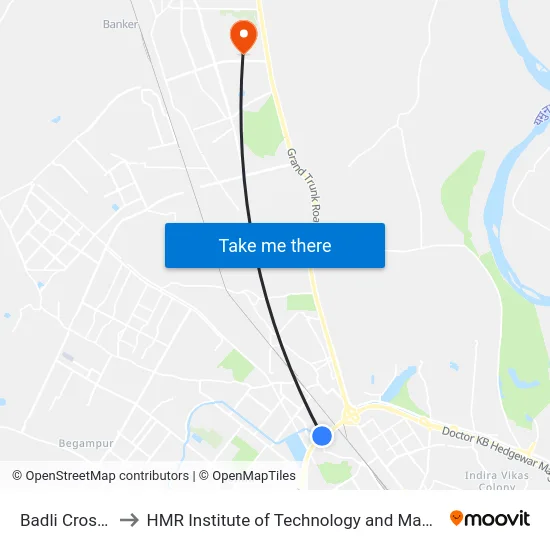 Badli Crossing to HMR Institute of Technology and Management map