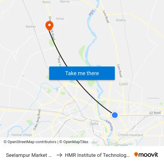 Seelampur Market Zafrabad Road to HMR Institute of Technology and Management map