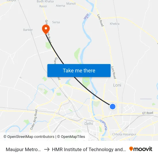 Maujpur Metro Station to HMR Institute of Technology and Management map