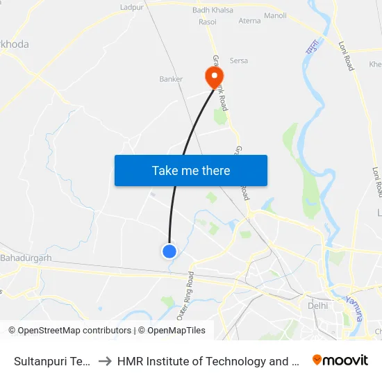 Sultanpuri Terminal to HMR Institute of Technology and Management map
